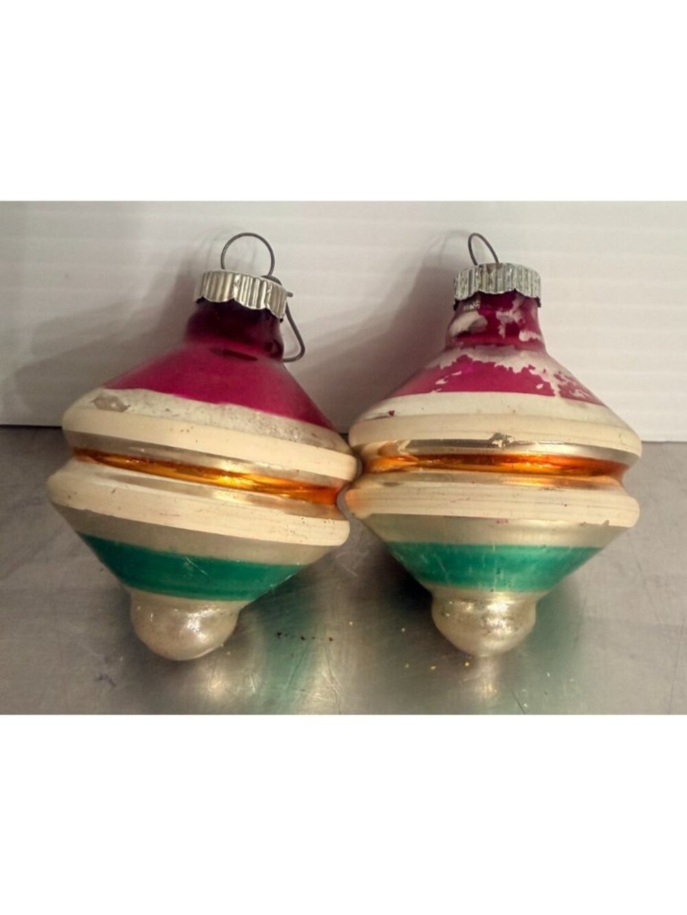 2 Vintage Mercury Glass Christmas Ornaments Top UFO Shape  Striped Shiny Brite
